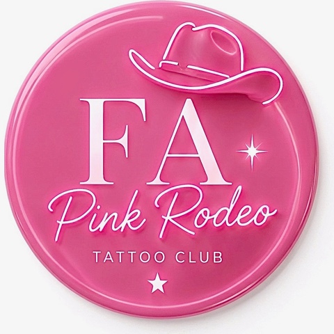 Pink Rodeo Tattoo Club logo: a pink round sign with a neon-style cowboy hat, the letters FA and the words Pink Rodeo Tattoo Club