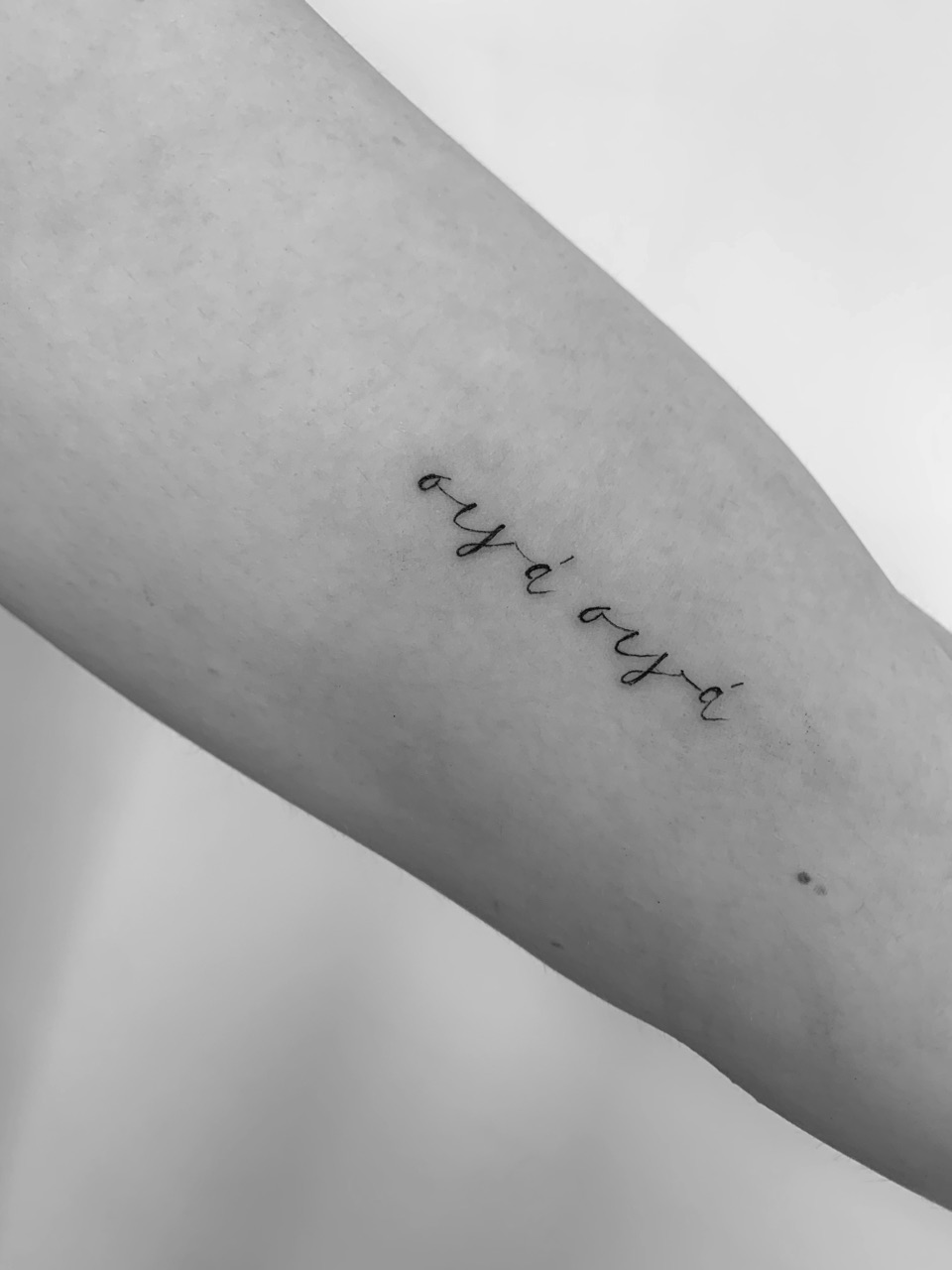 Fine line tattoo of handwritten script lettering along a forearm